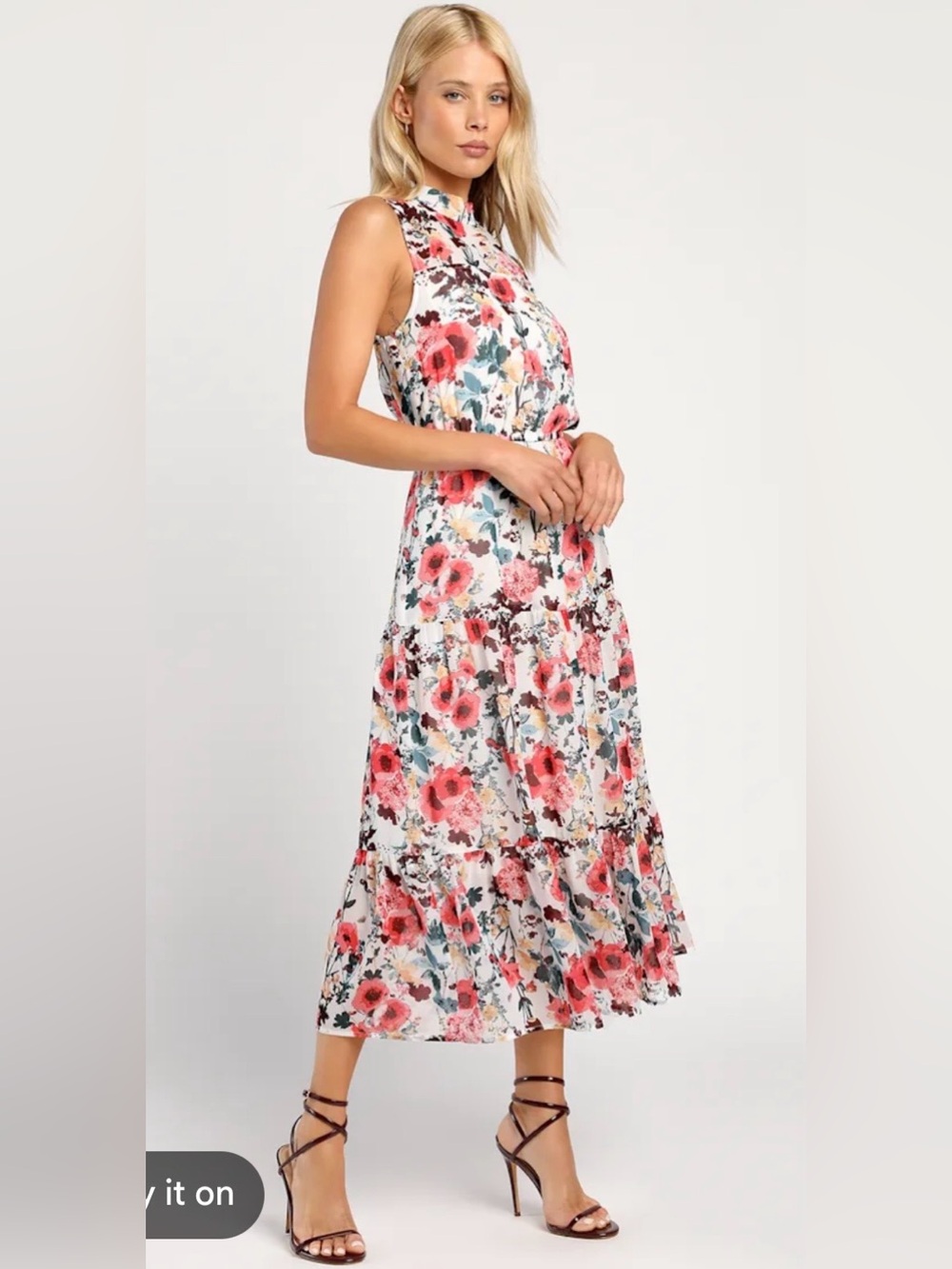 Lulu's Cream Midi Dress with Coral Floral Print